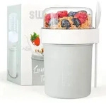 M&uuml;slibecher To Go Mit L&ouml;ffel, Auslaufsicher, 560ml + 220ml, Bpa-frei, Hellgrau