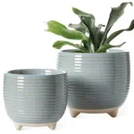 Keramik Blumentopf Set Mit F&uuml;&szlig;en, 2er Pack, Blau Grau, 12+16 Cm