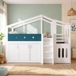 Kinder-hausbett 90x200 Cm Wei&szlig; Mit Leiter, Spielbereich Und Stauraumschrank