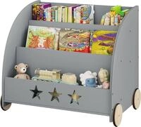 Kinderregal F&uuml;r B&uuml;cher Mit Rollen Aus Holz Grau - Woltu