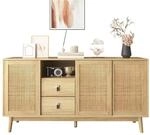 Sideboard Mit 3 Schiebet&uuml;ren Aus Rattan, 2 Schubladen, 155cm, Holzfarbe