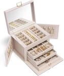 Schmuckk&auml;stchen Gro&szlig; Mit Spiegel Und 4 Ebenen, Pu Leder, Beige