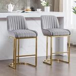 Barhocker 2er Set Samt Mit R&uuml;ckenlehne Und Goldenem Metallbein, Grau