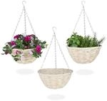 Relaxdays Blumenampel, 3er Set, Weide Korbgeflecht, Handgefertigt, Folie, Eisenkette,