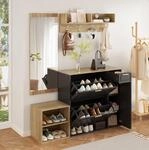 4-teiliges Garderobenset Mit Schuhschrank, Bank, Wandgarderobe Und Spiegel, Schwarz