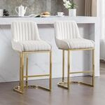 Barhocker 2er Set Samt Mit R&uuml;ckenlehne Und Goldenem Metallbein, Wei&szlig;