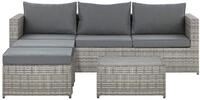 Lounge Set Polyrattan Hellgrau 5-sitzer Rechtsseitig Mit 2 Ottomanen Und Auflagen In