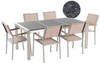 Gartenm&ouml;bel Set Schwarz Beige Granit Edelstahl Tisch 180 Cm Geflammt 6 St&uuml;hle