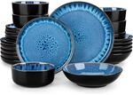Tafelservice 24-teilig F&uuml;r 6 Personen, Steingut, Blau, Inkl. Teller Und Schalen