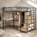 Metall-hochbett 140 X 200 Cm Mit Schreibtisch, Regalen, Kleiderschrank Und Stauraum,