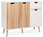 Sideboard Kommode Mit T&uuml;ren Und Schubladen, Wei&szlig; & Eiche, 90x30x74 Cm