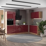 K&uuml;chenzeile Fame-line, Bordeaux Hochglanz/goldkraft Eiche, 220 X 120 Cm, Ap Marmor,
