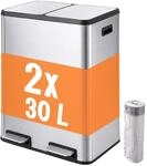 Relaxdays M&uuml;lleimer, 2 F&auml;cher, 2x30 L, Entnehmbare Inneneimer, Softclose,