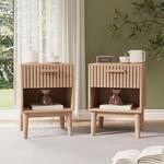 Nachttisch 2er Set Im Boho-stil Mit Schublade Und Offener Ablage, Holz Natur