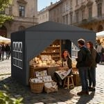 Faltpavillon 3x3m Anthrazit Mit 4 Seitenw&auml;nden, Wasserdicht, H&ouml;henverstellbar