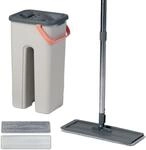 Relaxdays Flachmopp Set, 3 L Eimer Wringfunktion, 2 Kammern, Schabez&auml;hne, Hbt: