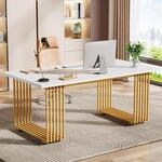 Schreibtisch 180cm Wei&szlig; Mit Goldenen Beinen, Moderner Computertisch F&uuml;r Home...
