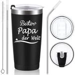 Thermosbecher 600ml "bester Papa Der Welt" Edelstahl Mit Deckel & Strohhalm