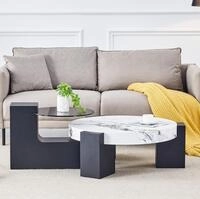 Moderner Runder Couchtisch Mit 2 Ebenen Aus Mdf Und Marmorwei&szlig;em Glas, Schwarz