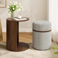 Runder 2-in-1-beistelltisch Mit Hocker, Mdf Und Kiefernholz, Nussbaum, 38 X 38...