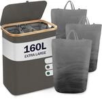 W&auml;schekorb Mit Deckel 3 F&auml;cher 160l Faltbar Bambus Dunkelgrau
