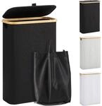 W&auml;schekorb Mit Deckel 48l Schmal Faltbar Bambus Holz Stoff Schwarz