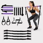 Relaxdays Pilates Bar Kit, 4 Widerstandsb&auml;nder, 30-160 Lbs, Griffe, Schlaufen,