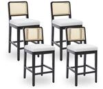 Barhocker 4er Set Mit Rattan R&uuml;ckenlehne Und Leinen Sitz, Holzbeine, Beige