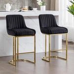 Barhocker 2er Set Samt Mit R&uuml;ckenlehne Und Goldenem Metallbein, Schwarz