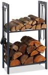 Kaminholzregal Mit 2 Ablagen, Aus Stahl, 4 Haken F&uuml;r Kaminbesteck, Brennholzregal
