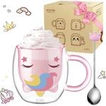 Doppelwandige Einhorn Tasse 280ml Mit L&ouml;ffel, Borosilikatglas, F&uuml;r Kinder &...