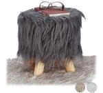Fell Hocker, Flauschig, 4 Holzbeine, Gepolsterter Fu&szlig;hocker, Kunstfell, Rund,