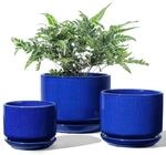 3er Set Keramik Blument&ouml;pfe Mit Untersetzer, Saphirblau