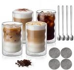 Set 4 Doppelwandige Kaffeegl&auml;ser 350ml Mit L&ouml;ffeln & Untersetzern