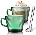 Latte Macchiato Gl&auml;ser 2er Set, Gr&uuml;n Gerippt, 450ml, Mit L&ouml;ffel, Dickwandig,