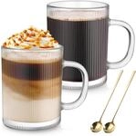 2er Cappuccino Tassen 350ml Mit L&ouml;ffel, Geriffeltes Glas F&uuml;r Latte Macchiato