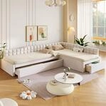L-f&ouml;rmiges Polsterbett 90x200 Mit Ausziehbett, Schubladen Und Beigem Samtbezug