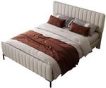 Doppelbett 140&times;200 Cm Aus Leinen Mit Verstellbarem Kopfteil, Grau Beige, Ohne