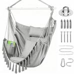 H&auml;ngesessel Extra Gro&szlig; Mit 3 Kissen, Seitentasche, Boho-quasten, Grau