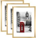 Bilderrahmen A3 Mit Passepartout F&uuml;r A4, 3er Set, Gold, Wandmontage
