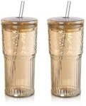 Gerippte Trinkgl&auml;ser 650ml Bernstein, 2er Set Mit Deckel & Strohhalm, Eiskaffee
