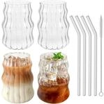 4er Set Gl&auml;ser Mit Strohhalm 530ml Borosilikatglas Gerippt F&uuml;r Kaffee &...