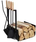 Relaxdays Kaminholzkorb Metall, Mit 4 Tlg. Kaminbesteck, Schaufel, Besen, Zange &