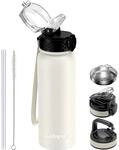 Edelstahl Trinkflasche 600ml Mit Strohhalm, Vakuum-isoliert, Bpa-frei, Beige