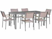 Gartenmöbel Set Beige Grau Granit Edelstahl Tisch 180 cm Poliert 6 Stühle...