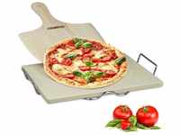 Pizzastein Set 1,5 cm Stärke mit Metallhalter und Pizzaschieber aus Holz hbt 7 x 43
