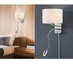 Trio - Wandleuchte Hotel Mit Led Leselampe & Stecker, Stoffschirm Wei&szlig;, H&ouml;he 23,5cm