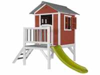 Spielhaus Beach Lodge xl in Rot mit hellgrüner Rutsche Stelzenhaus aus fsc Holz für