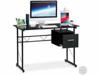 Relaxdays - Schreibtisch, moderner Bürotisch mit Glasplatte, Seitenschublade,