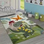 Kinderzimmer Teppich Gr&uuml;n Dinosaurier Dschungel Vulkan 3-d Effekt Kurzflor 120x170